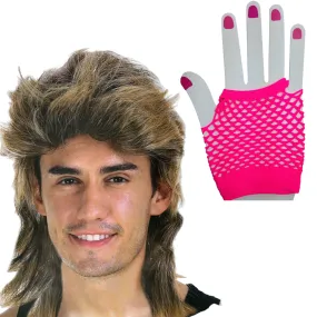 2Pcs Set Golden Blonde Bullet Wig   Fishnet Gloves 70s 80s Womens Costume Party - HOTPINK - One-Size