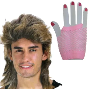 2Pcs Set Golden Blonde Bullet Wig   Fishnet Gloves 70s 80s Womens Costume Party - LIGHTPINK - One Size Fits Most