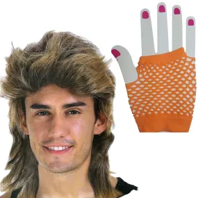 2Pcs Set Golden Blonde Bullet Wig   Fishnet Gloves 70s 80s Womens Costume Party - Orange