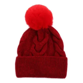 Cable Knit Red Pom Pom Hat