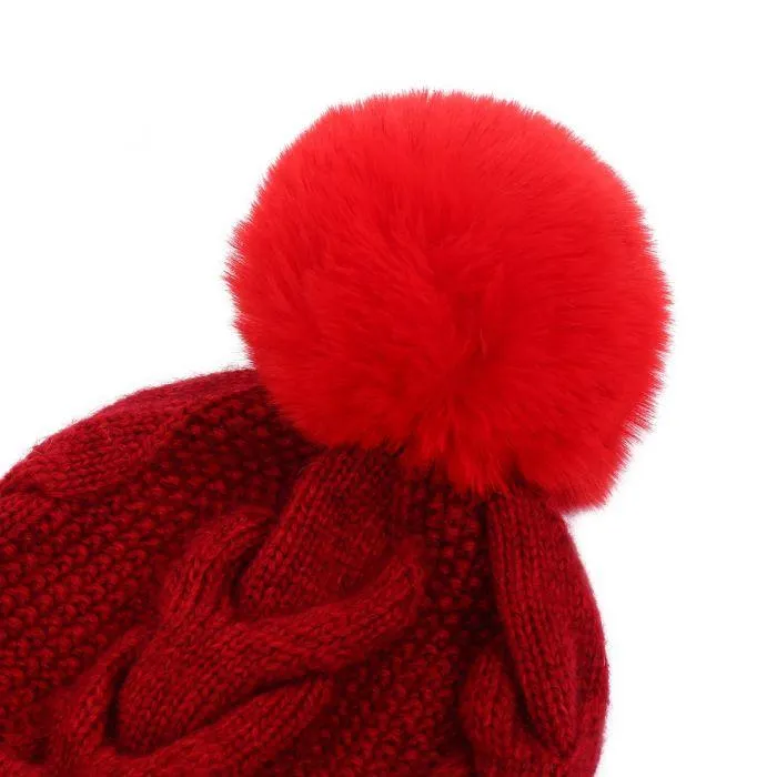 Cable Knit Red Pom Pom Hat