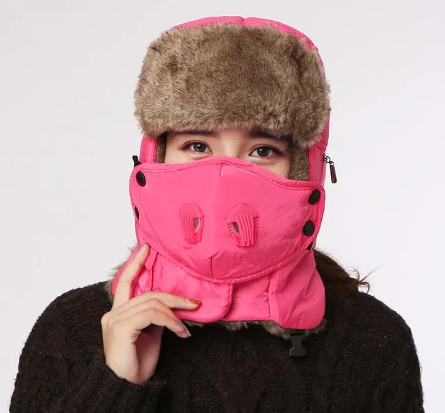 Doitbest Prevent Fog haze Winter fur men's bomber hats Windproof Thick warm snow women cap Face Mask russian