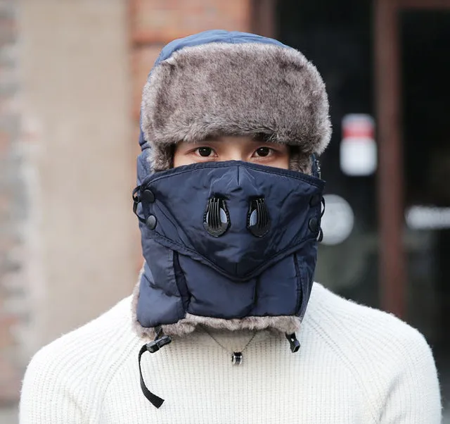 Doitbest Prevent Fog haze Winter fur men's bomber hats Windproof Thick warm snow women cap Face Mask russian
