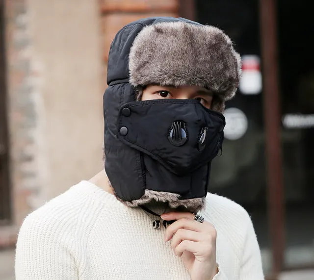 Doitbest Prevent Fog haze Winter fur men's bomber hats Windproof Thick warm snow women cap Face Mask russian