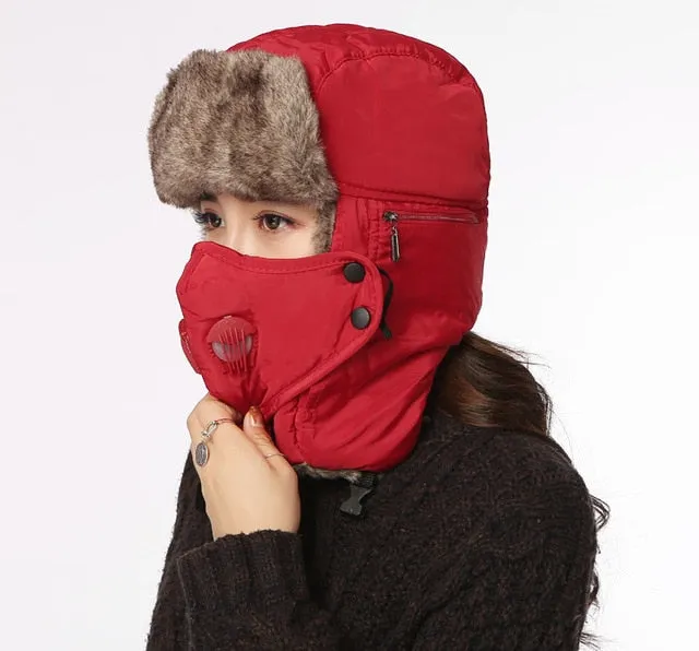 Doitbest Prevent Fog haze Winter fur men's bomber hats Windproof Thick warm snow women cap Face Mask russian
