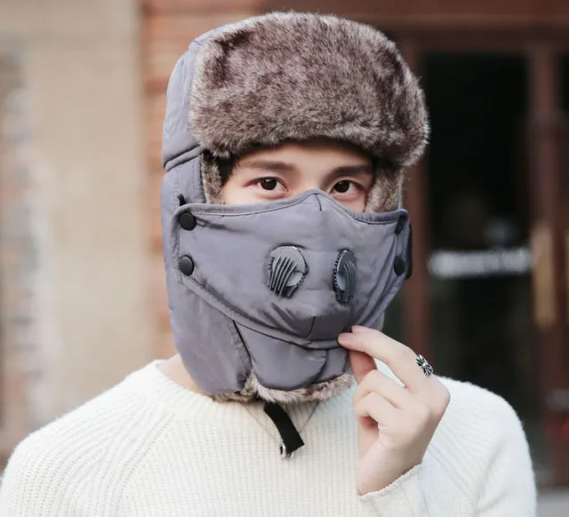 Doitbest Prevent Fog haze Winter fur men's bomber hats Windproof Thick warm snow women cap Face Mask russian