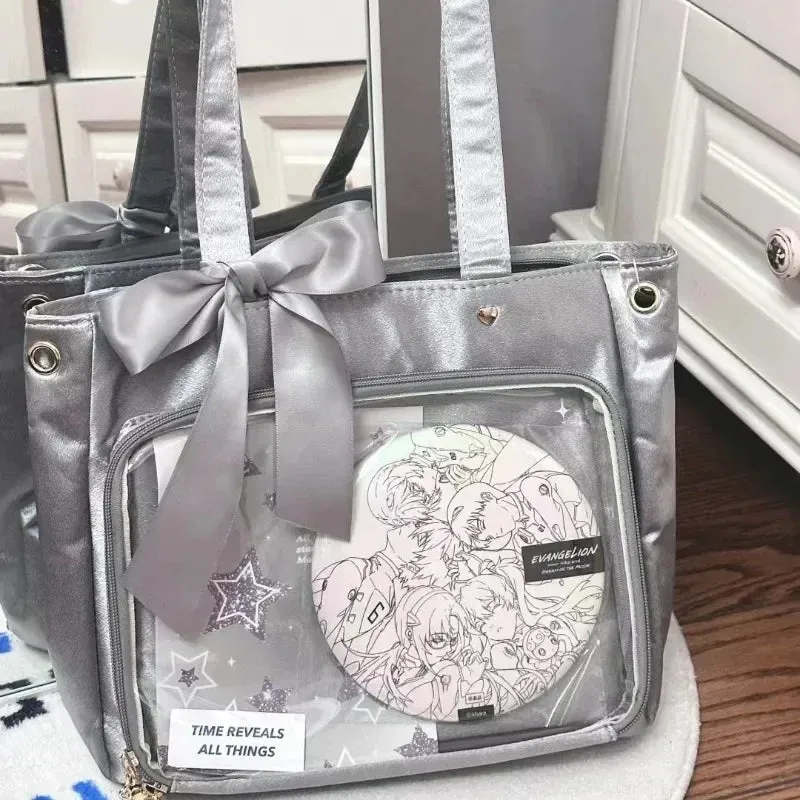 UAKISS  -  Aesthetic Women Ita Bags Elegant Soft Satin Tote Shoulder Bolso Mujer Ribbon Harajuku Subculture Badge Show Handbag Female