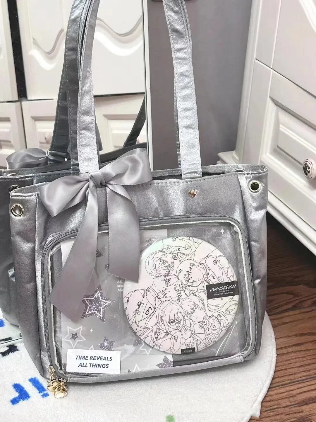 UAKISS  -  Aesthetic Women Ita Bags Elegant Soft Satin Tote Shoulder Bolso Mujer Ribbon Harajuku Subculture Badge Show Handbag Female